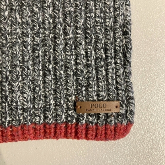 Polo Ralph Lauren Wool Blend Cozy Knit Scarf Gray Red Unisex One Size OS EUC - Picture 2 of 3